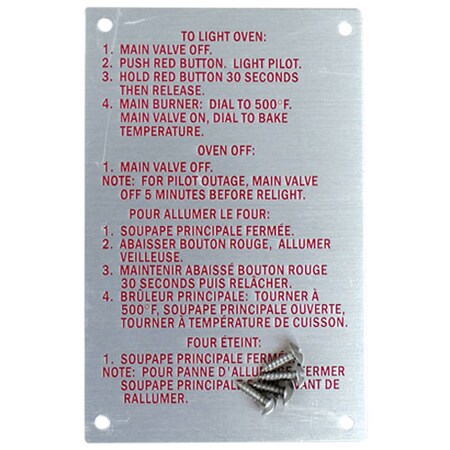 Blodgett Instruction Plate For - Part No Bl20326 BL20326